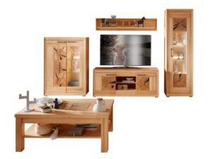 Ensemble de meubles de salon en bois massif de hêtre huilé composé d'un meuble TV, une table basse, un meuble de rangement vitré, d'une vitrine haute et d'une étagère en bois