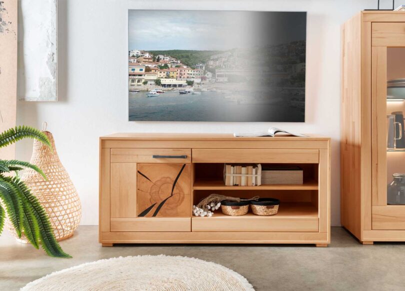 Meuble TV 1 porte et 2 niches ouvertes en bois massif de hêtre clair