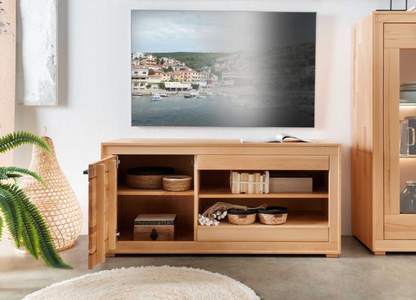 Ouverture du meuble tv 1 porte en bois huilé