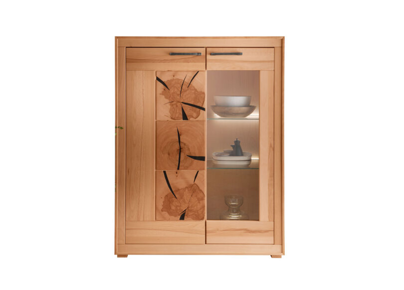 Meuble vitrine en bois massif avec porte vitrée droite