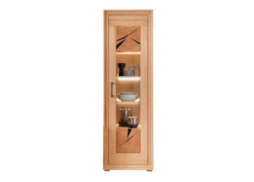 Vitrine haute en bois massif de hêtre avec décor fait main