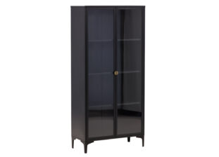 vitrine 190 cm en métal noir et portes en verre avec des poignées dorées