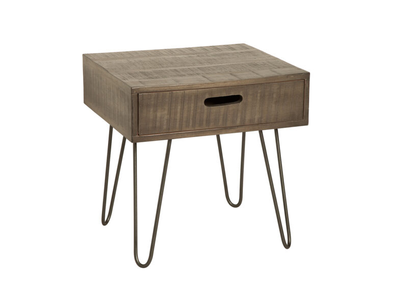 table de chevet avec un tiroir en bois massif grisé et métal noir