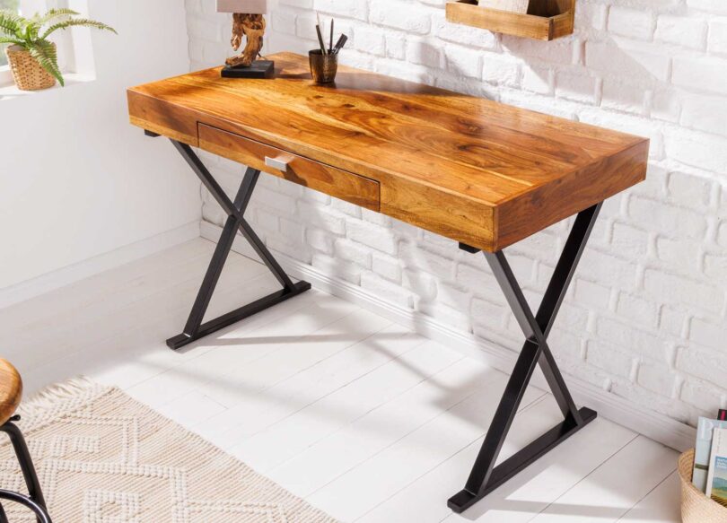 bureau en bois de sesham 120 cm et métal noir