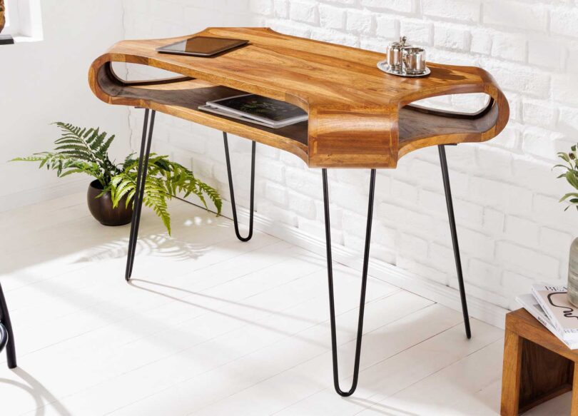 console ou bureau salon en bois massif style rétro et pieds en métal en forme d'épingle