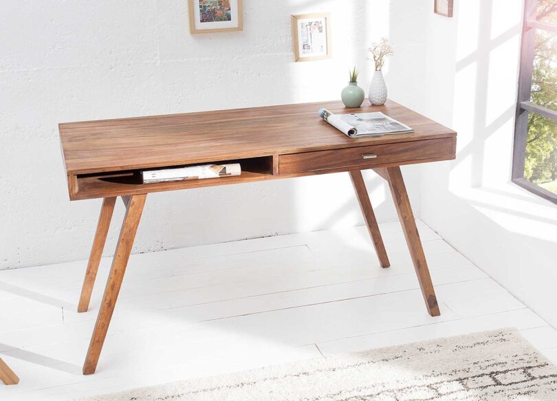 bureau en bois de sesham de 120 cm avec un tiroir et une niche pour le rangement