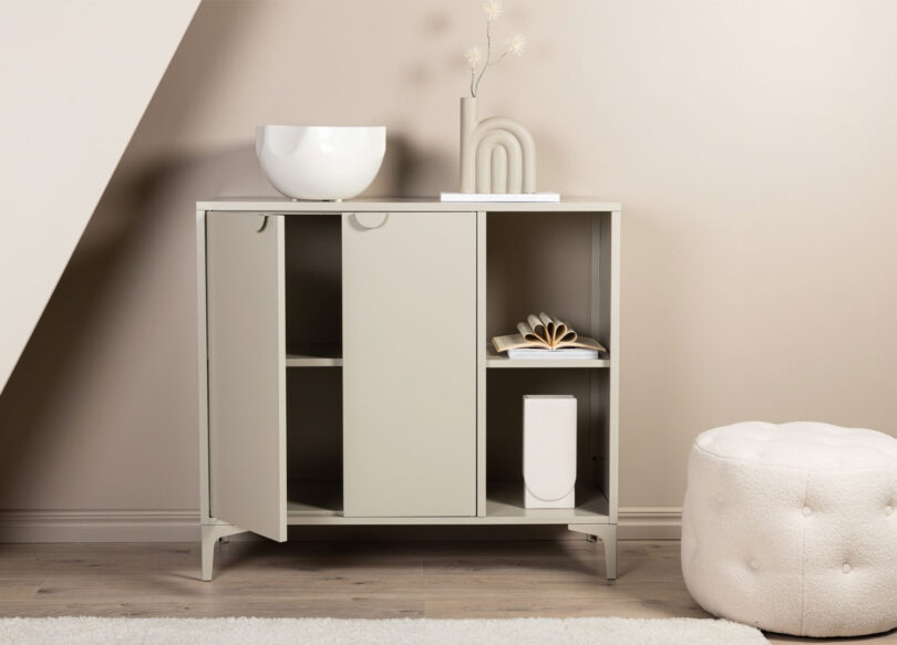 armoire salon 110 cm avec 2 portes et 2 compartiments en métal beige