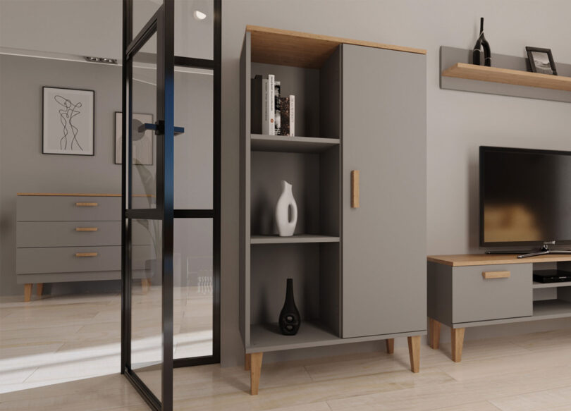 mobilier de salon gris et bois