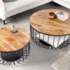 lot de 2 tables basses avec plateaux amovibles en bois massif avec un panier de rangement en métal noir