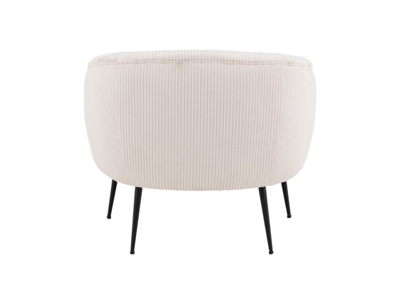 fauteuil salon forme moderne en tissu velours côtelé beige et pieds en métal noir