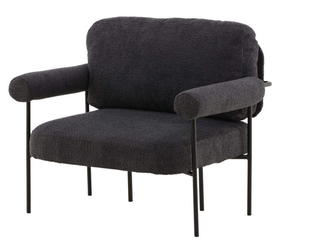 fauteuil contemporain bouclette gris foncé style design avec des pieds en métal noir