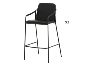 lot de 2 fauteuils de bar moderne avec accoudoirs et repose-pieds simili cuir noir et métal noir