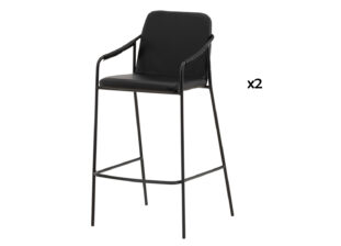 lot de 2 fauteuils de bar moderne avec accoudoirs et repose-pieds simili cuir noir et métal noir