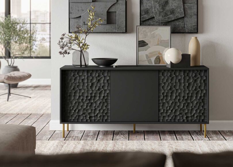 buffet tendance 3 portes 155 cm structure et façades noires et pieds en métal doré