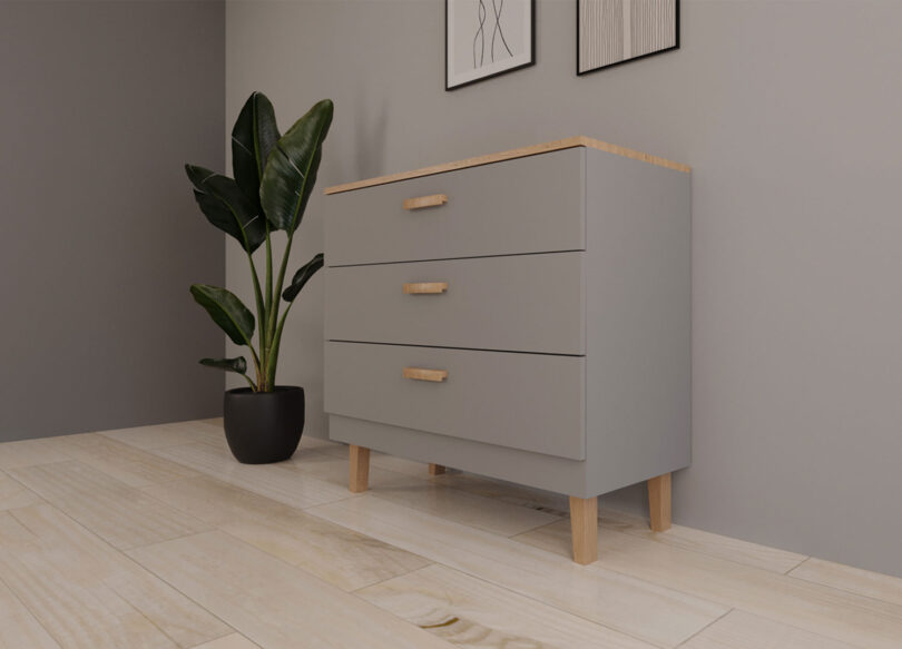 commode salon pas cher avec 3 tiroirs structure grise et pieds en bois de chêne