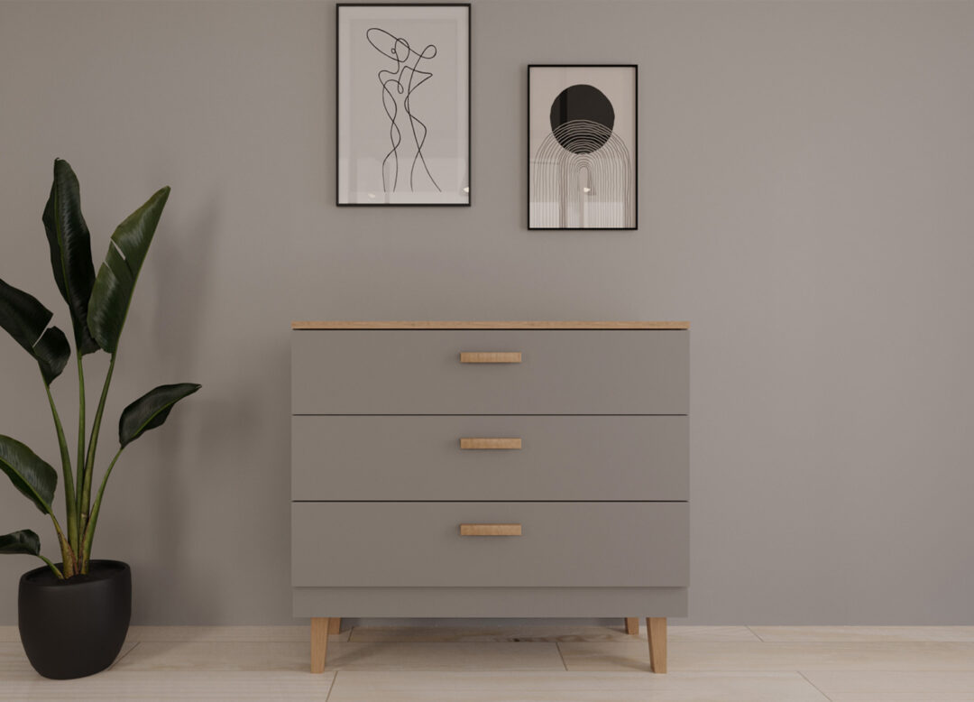 commode 3 tiroirs pas cher grise et bois