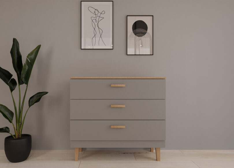 petite commode 100 cm 3 tiroirs gris et pieds en bois massif