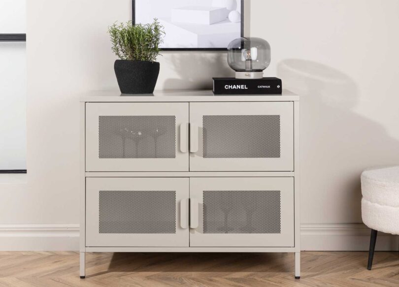 commode 90 cm 4 portes 2 compartiments en métal beige