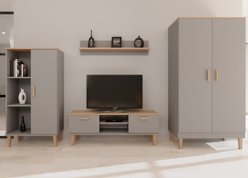 mobilier de salon gris et bois style scandinave