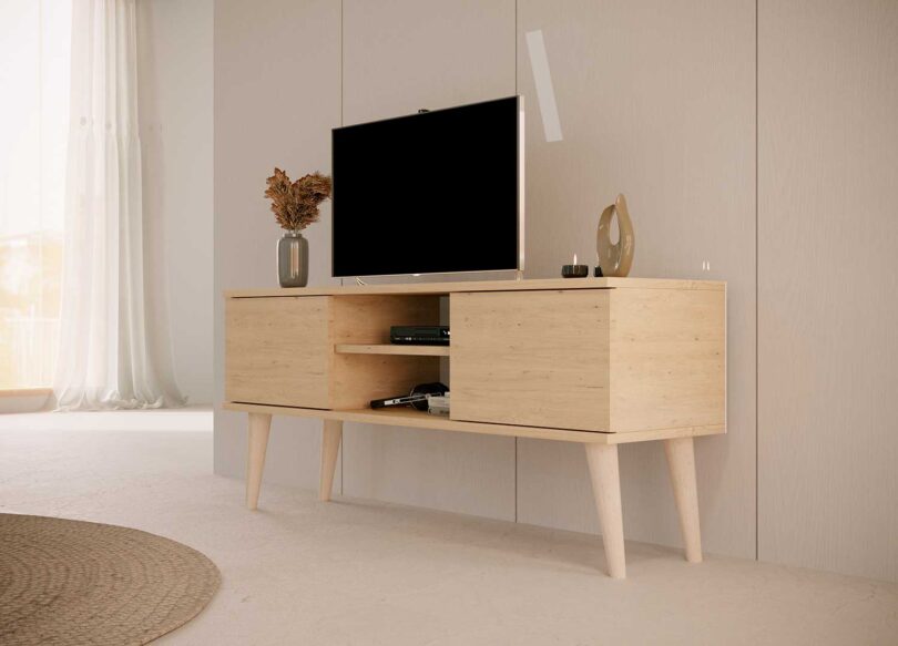 meuble tv 120 cm pas cher style scandinave avec 2 portes et 2 niches ouvertes