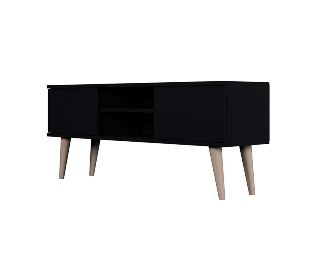 meuble télé structure noir avec des pieds en bois style scandinave