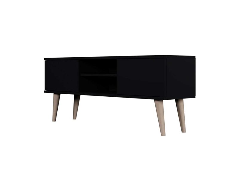 meuble télé structure noir avec des pieds en bois style scandinave
