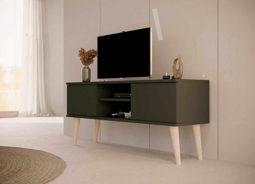 meuble télé structure noir avec des pieds en bois style scandinave