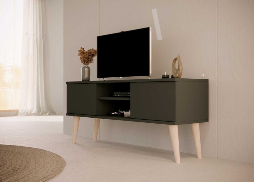 meuble tv 120 cm pas cher noir et pieds en bois