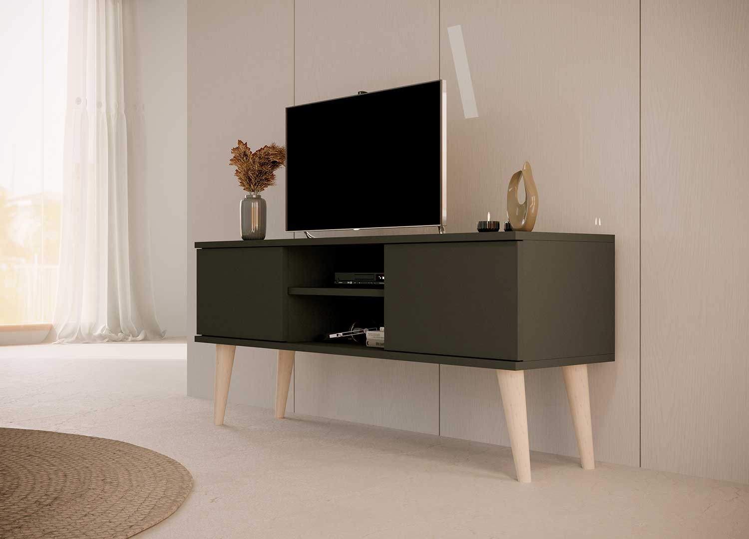 meuble tv 120 cm pas cher noir et pieds en bois