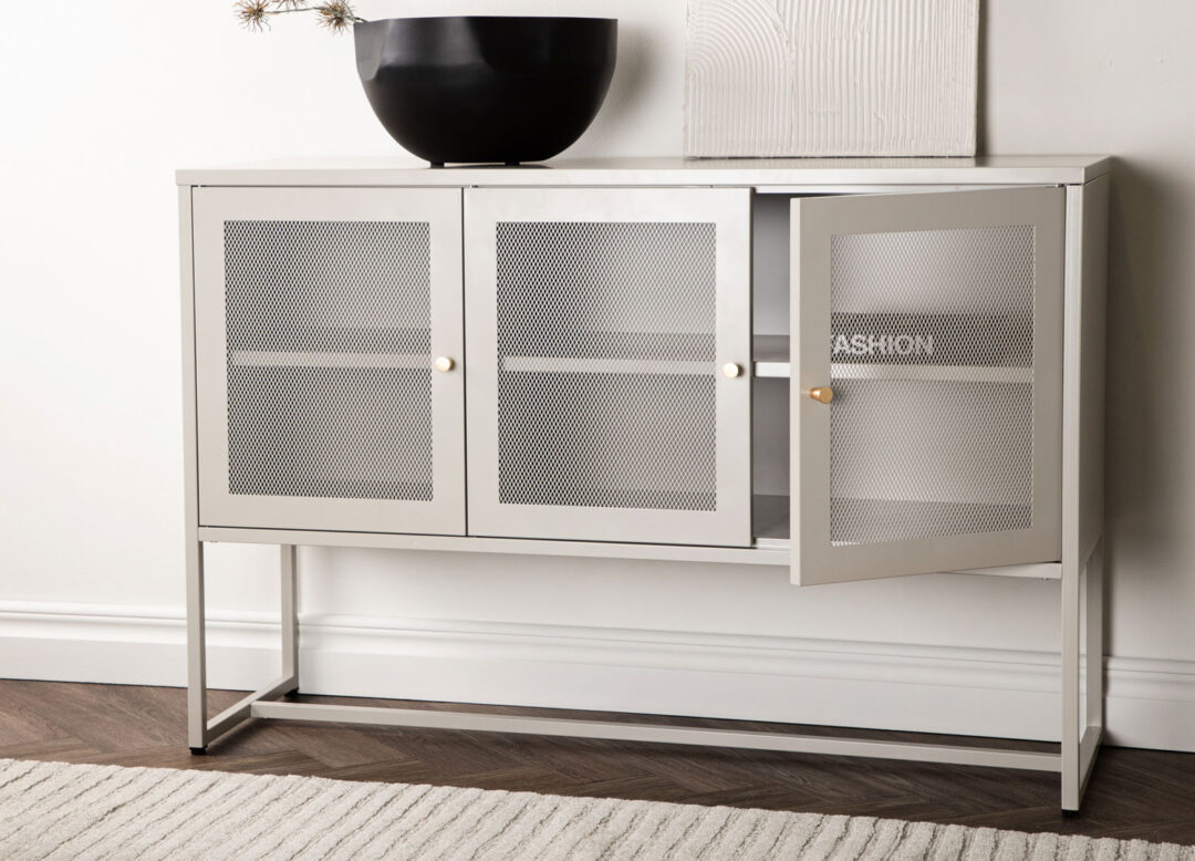 petit meuble de rangement 120 cm 3 portes en métal beige