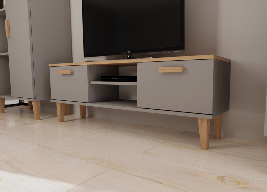 meuble télé pas cher style scandinave couleur gris et bois massif