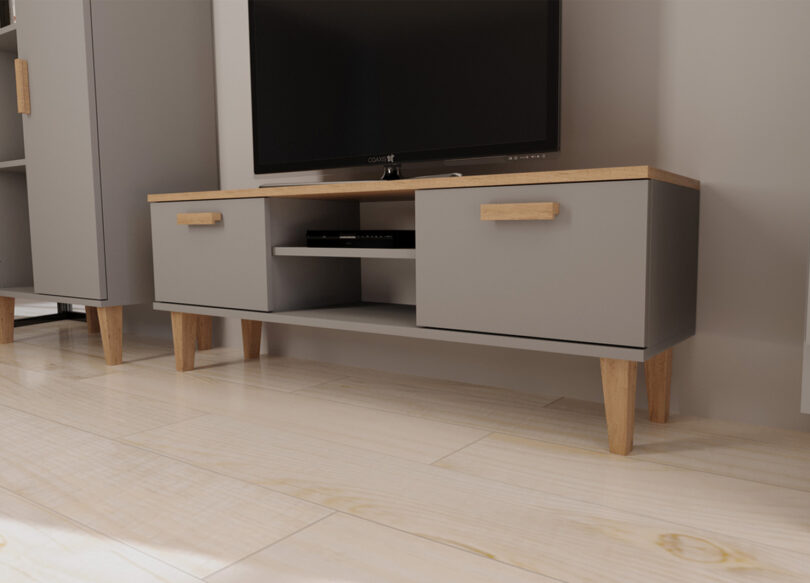 meuble télé pas cher pieds et poignées en bois et structure grise