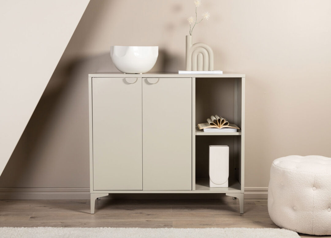 petite commode 2 portes 2 compartiments en métal beige 110 cm