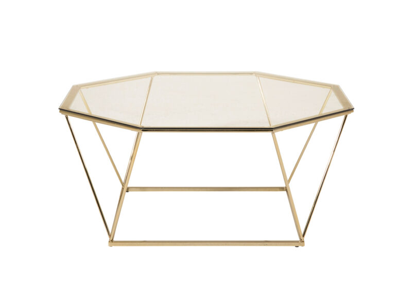 table de salon moderne en métal doré et plateau en verre fumé