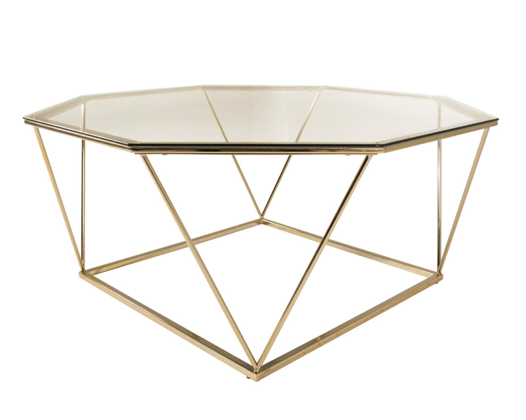 table basse octogone en métal doré et plateau en verre fumé