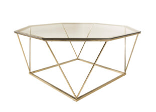 table basse octogone en métal doré et plateau en verre fumé