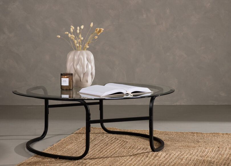 table basse moderne ronde 110 cm en verre et métal noir