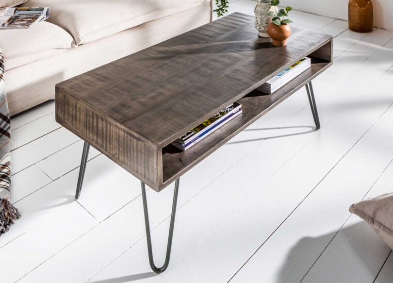 table basse rectangulaire en manguier teinté grisé 100 cm