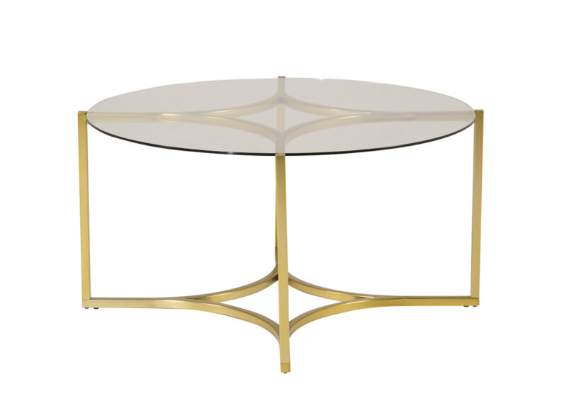 table de salon ronde style rétro avec un plateau en verre et une structure en métal doré