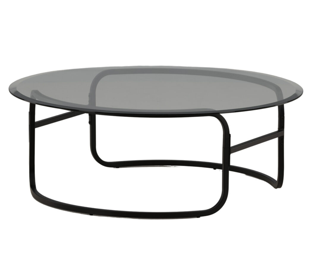 table de salon contemporaine avec un plateau en verre et un pieds en métal noir