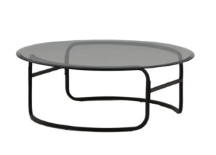table de salon contemporaine avec un plateau en verre et un pieds en métal noir