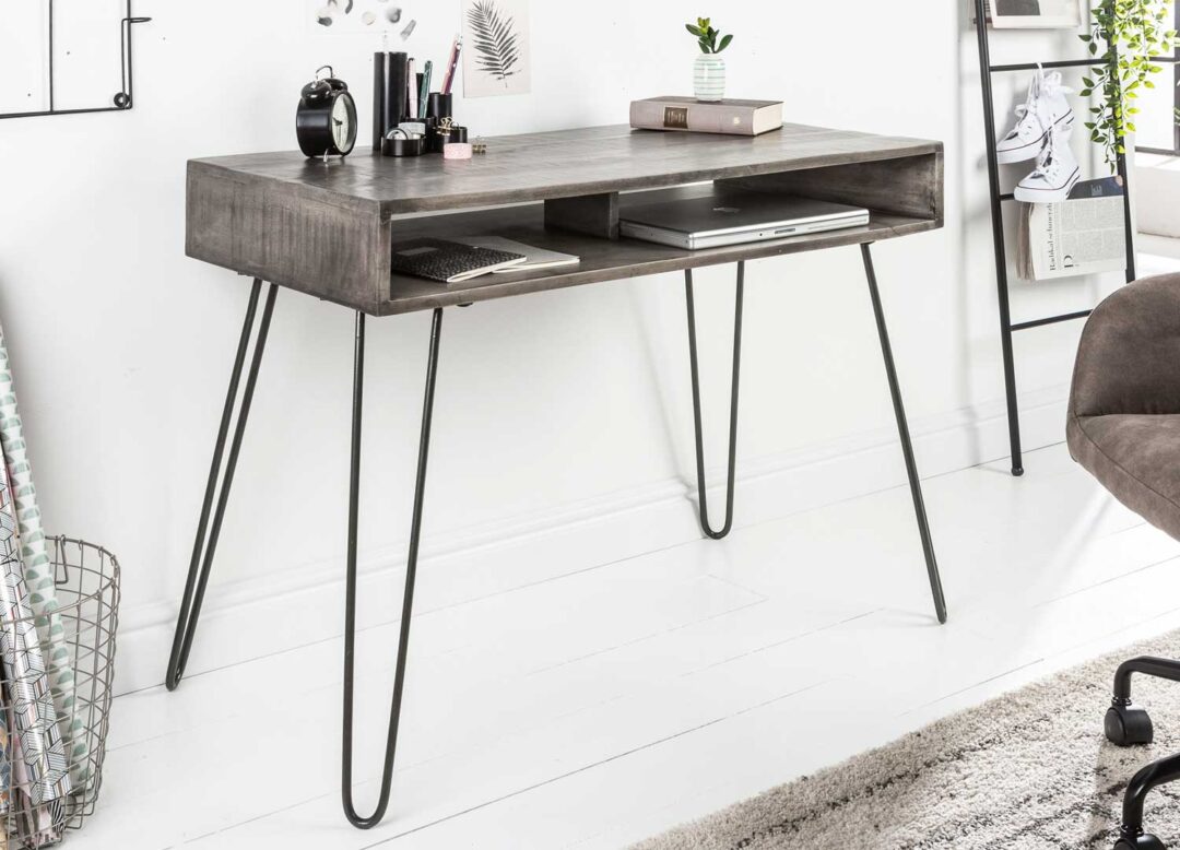console 100 cm en bois de manguier teinté grisé et pieds en épingle en métal noir