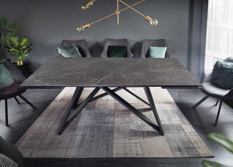 table à manger en céramique contemporaine 260 cm avec 2 allonges et pieds en métal noir