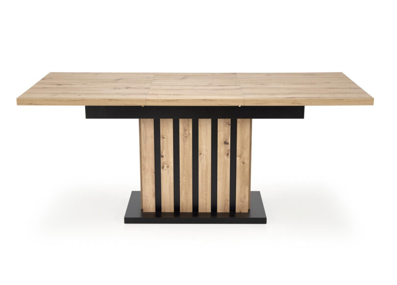 table à manger rectangulaire avec allonge centrale et pieds effet latte de bois