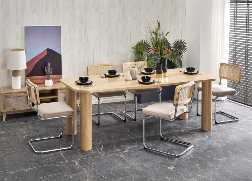 table à manger en mdf aspect chêne style naturel minimaliste