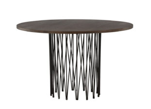 table de repas ronde 120 cm 4 personnes style moderne minimaliste aspect bois foncé et pieds design noir en métal