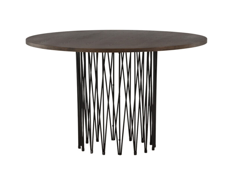 table de repas ronde 120 cm 4 personnes style moderne minimaliste aspect bois foncé et pieds design noir en métal