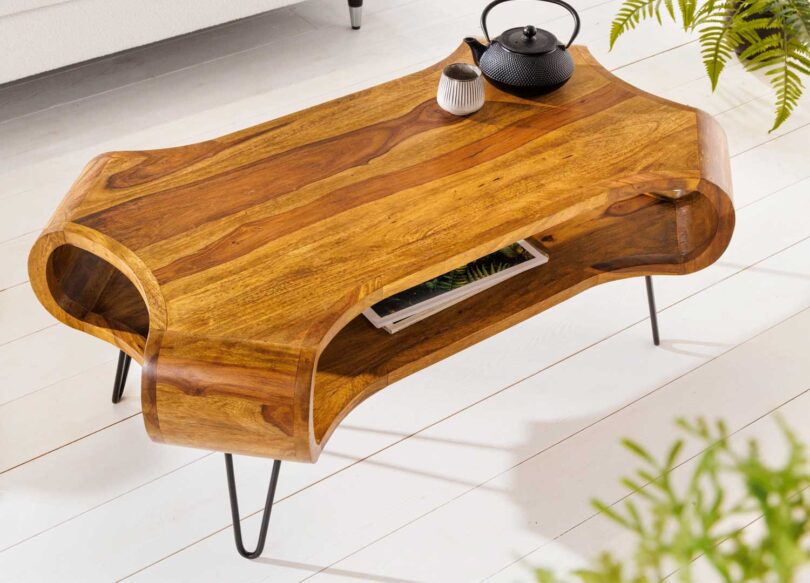 table basse rétro en bois massif et métal noir pas cher