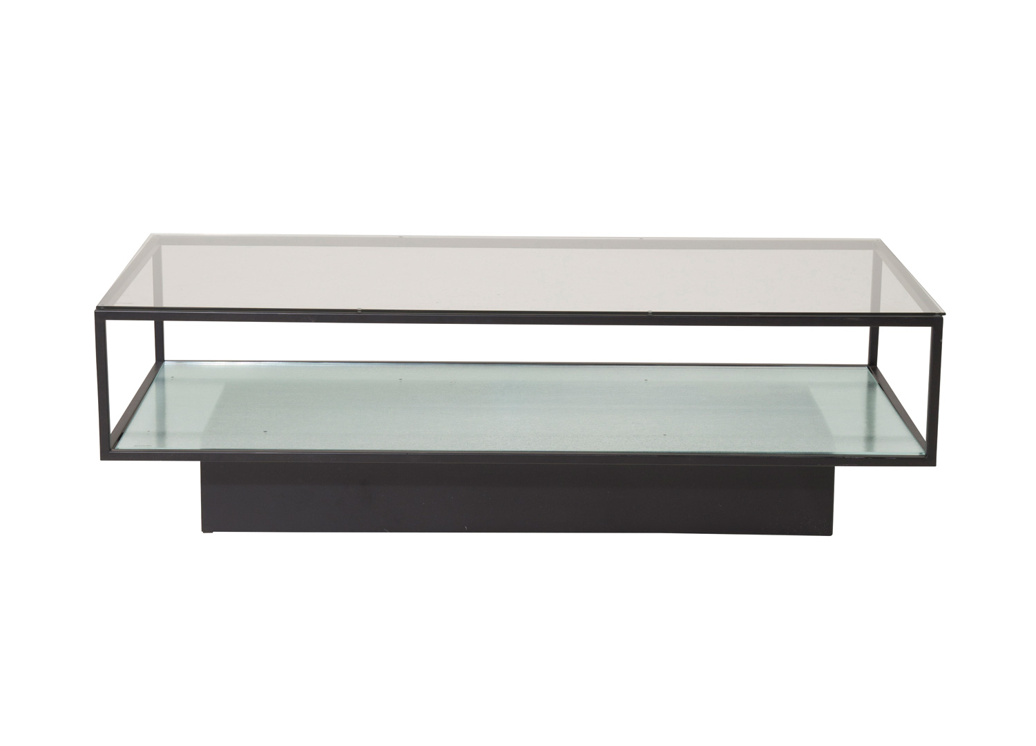 table basse en métal noir et plateaux en verre