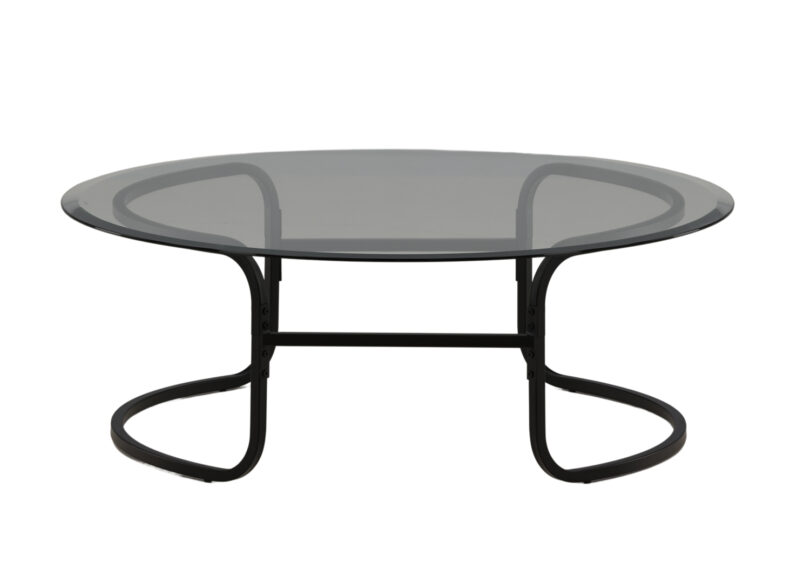 table basse en verre plateau rond et pieds en métal